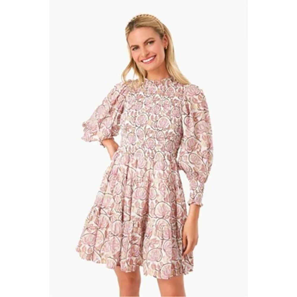 Oliphant Smocked Flirty 3/4 Sleeve Dress Pink Montenegro Size S